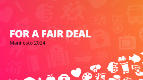 White Text Reads 'For a Fair Deal', with black text under reading 'Manifesto 2024'. All on a orange to magenta background with white icons representing different actions, industries or activities